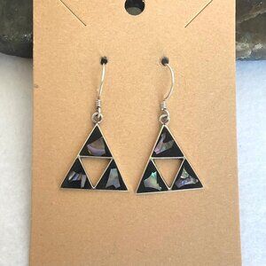 Sterling Silver 925 Southwest Style Abalone Inlay Triangle Dangle Drop Earrings